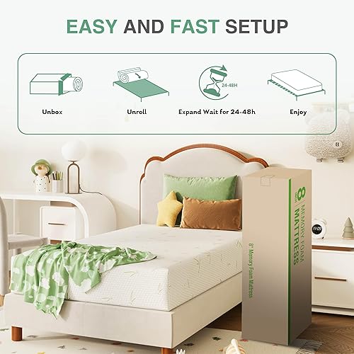 Miniatura 6 de Colchón individual de 12 pulgadas, colchón viscoelástica de té verde en una caja, certificado CertiPUR-US sin fibra de vidrio para litera, mediano,