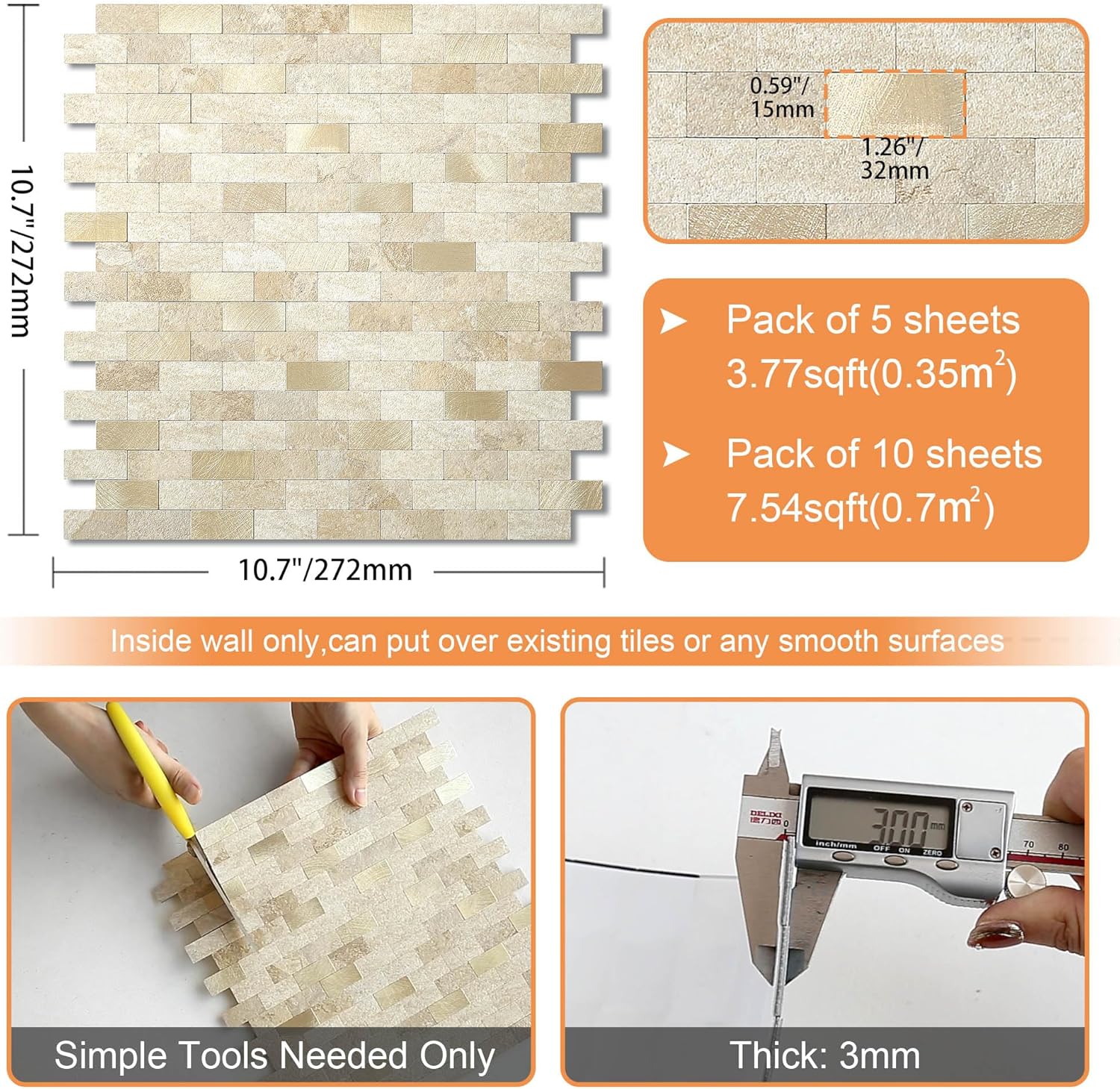VAOVI Marble Look Peel and Stick Brick Mosaic Tile Backsplash Kitchen Bathroom Wall Sticker(5sheets,Beige Mix)