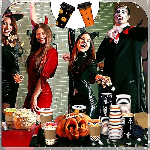 Miniatura 6 de 90 unidades30 juegos de tazas de café desechables de Halloween con tapas y fundas de 16 onzas de calabaza, araña, esqueleto, tazas de papel para