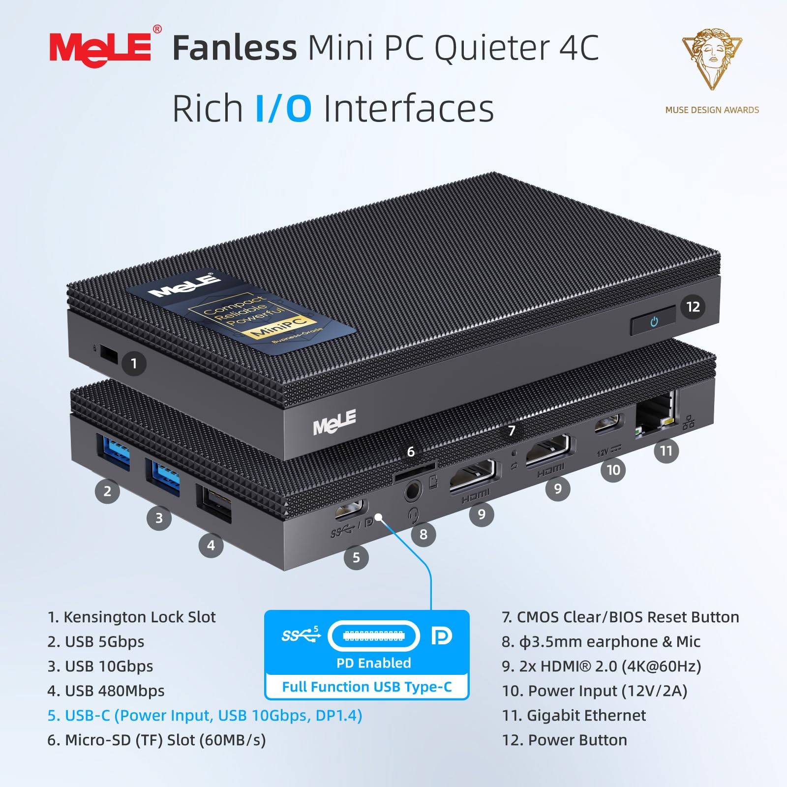 MeLE Quieter4C Mini PC Sin Ventilador 12ª Alder Lake N100 (hasta 3,4GHz) 16GB LPDDR4x 512GB Ordenador Personal de Sobremesa Win 11 Pro 4K Triple Pantalla Dual HDMI Todo-en-Uno USB-C WiFi 5 BT5.1