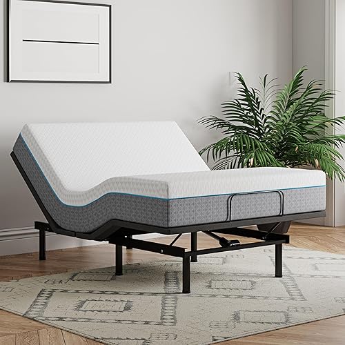 EGOHOME Base de cama ajustable tamaño Queen y colchón de espuma viscoelástica de gel de carbón de 14 pulgadas, base de cama eléctrica plegable de