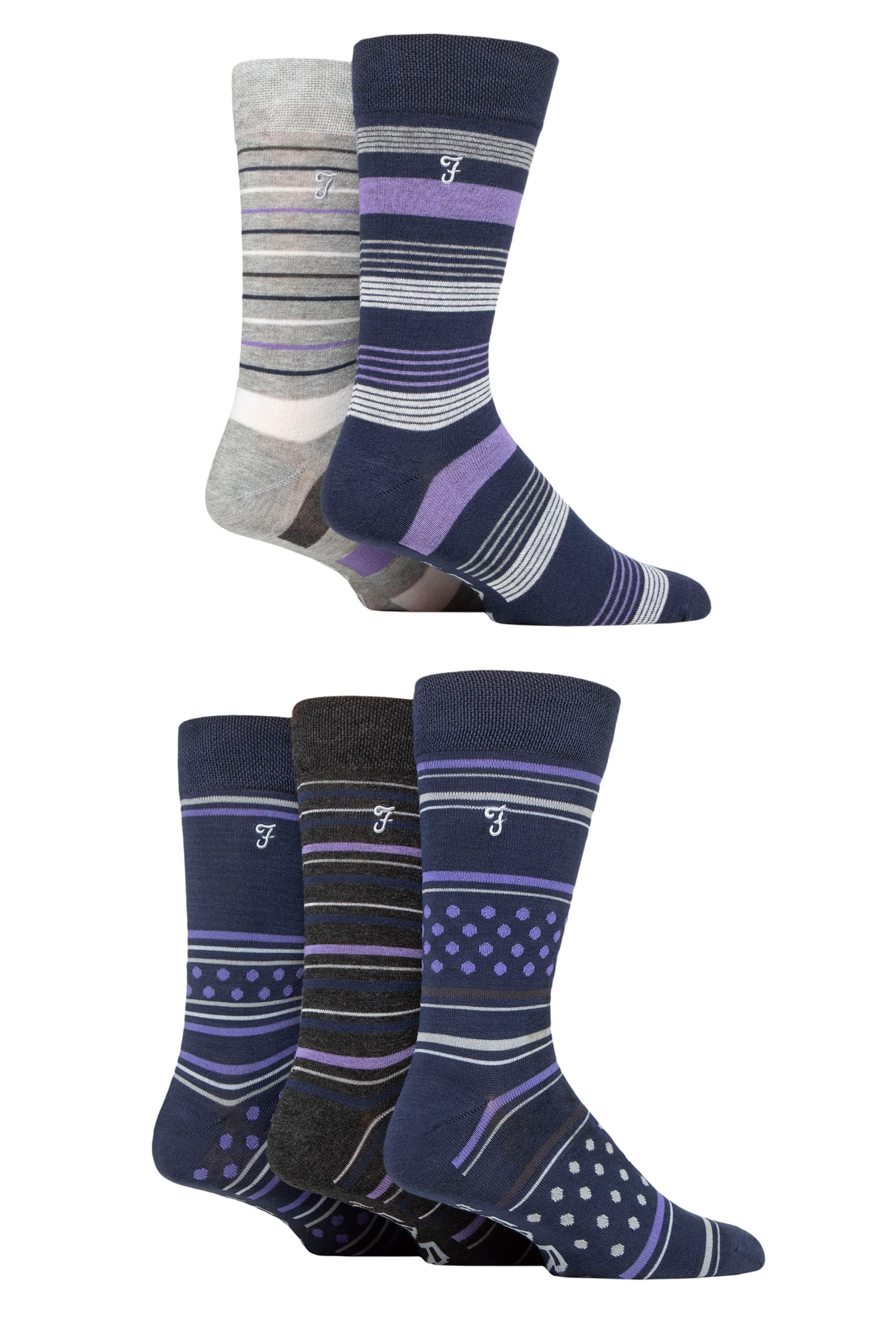 Farah Mens Bamboo Socks Plain and Patterned Striped Argyle Spotty Designs, Bright Colourful, Gift for Him, 5 Pairs - Stripe and Dots Navy/Purple 6-11
