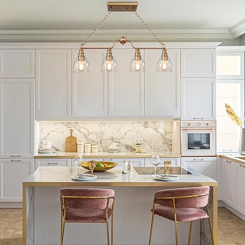Miniatura 2 de LOG BARN Candelabros dorados, moderna lámpara de isla de cocina de vidrio sembrado dorado para comedor, lámpara de araña de 4 luces para sala de