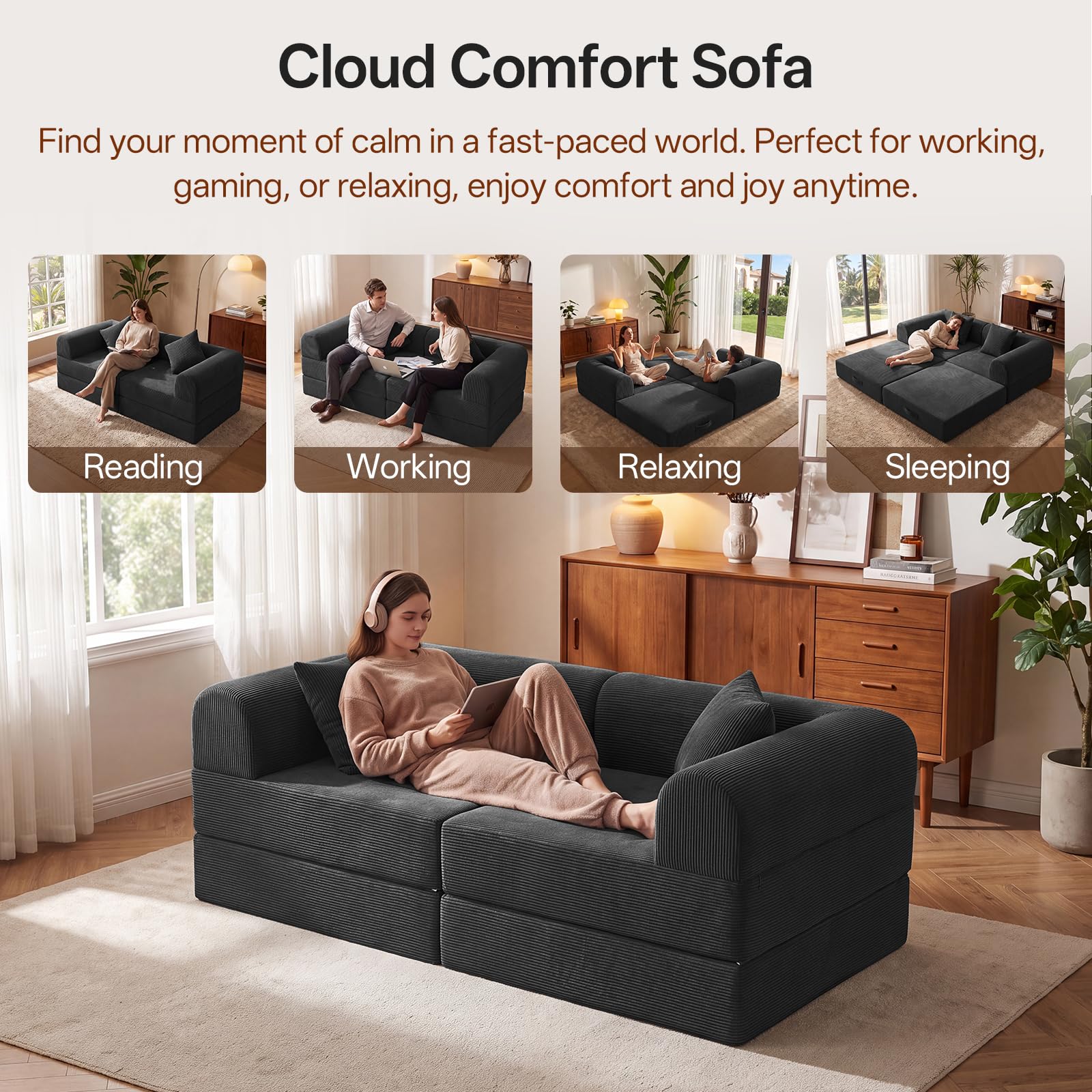 74.8’’Convertible Futon Sofa Bed, Boneless Couch for Living Room | Corduroy Boneless Loveseat Sleeper Sofa, Modular Futon Couch with 2 pillow, Pull Out Couch No Assembly | Black