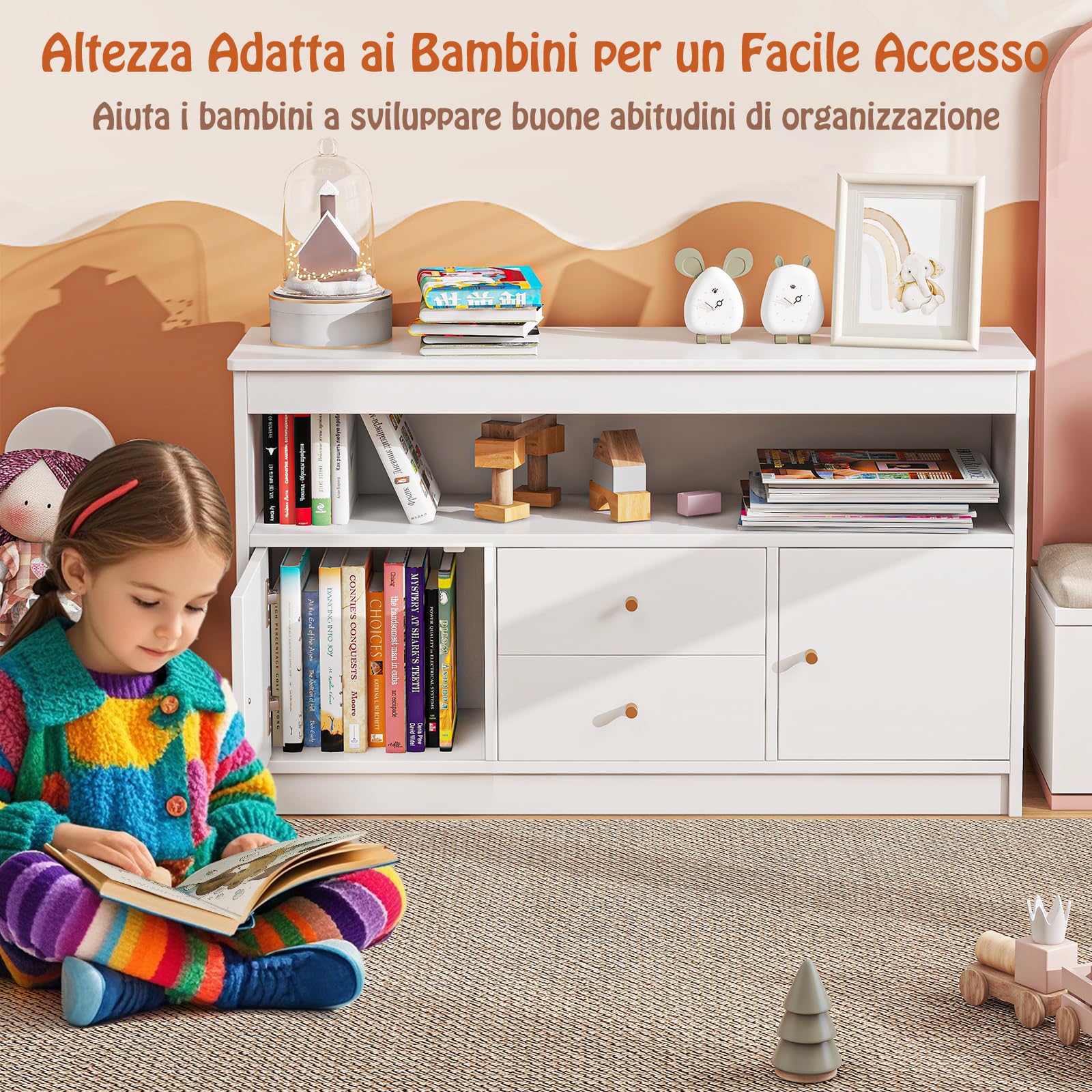 GYMAX Armadio di Giocattoli per Bambini, Mobile con 2 Cassetti, 2 Armadi Chiusi e 1 Scomparto Aperto, Scaffale Libreria in Legno da Pavimento per Sala Giochi, Asilo, Cameretta, 106x30x62 cm (Bianco)