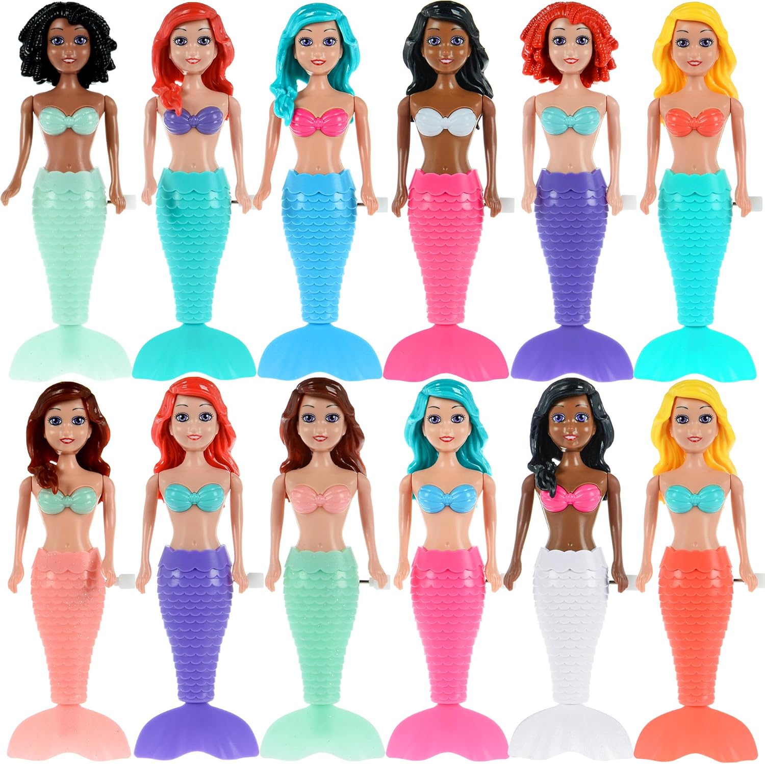 dollbie 12-Pack Wind-Up Mermaid Bath Toys for Kids -Toddler Bath Toys for Kids Moving Tail Priness Doll Diverse Hair Colors & Styles Mermaids, Swimming Pool Party Favors