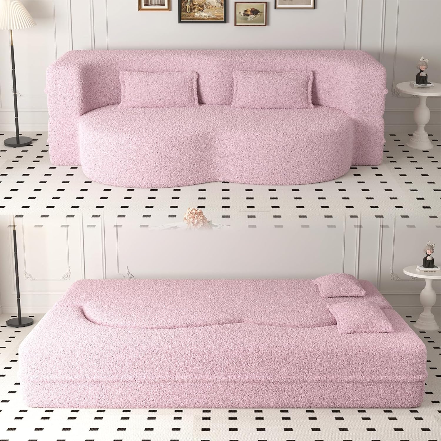 78"W Convertible Folding Sofa Bed, Teddy Full Size Futon Loveseat Sleeper Couch Bed with Pillows, Lounge Floor Sofa Folding Mattress, Compression Foam Boneless Couch for Living Room Bedroom, Pink