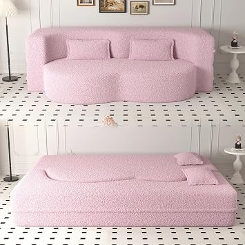 78"W Convertible Folding Sofa Bed, Teddy Full Size Futon Loveseat Sleeper Couch Bed with Pillows, Lounge Floor Sofa Folding Mattress, Compression Foam Boneless Couch for Living Room Bedroom, Pink