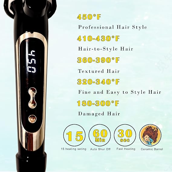 abp 1.25 Inch Curling Iron Extra Long Barrel with Ceramic Coating for Long/Medium Hair,1 1/4 INCH LCD Display Instant Heat up to 450F with clamp,Hair Style Tool Girls & Women