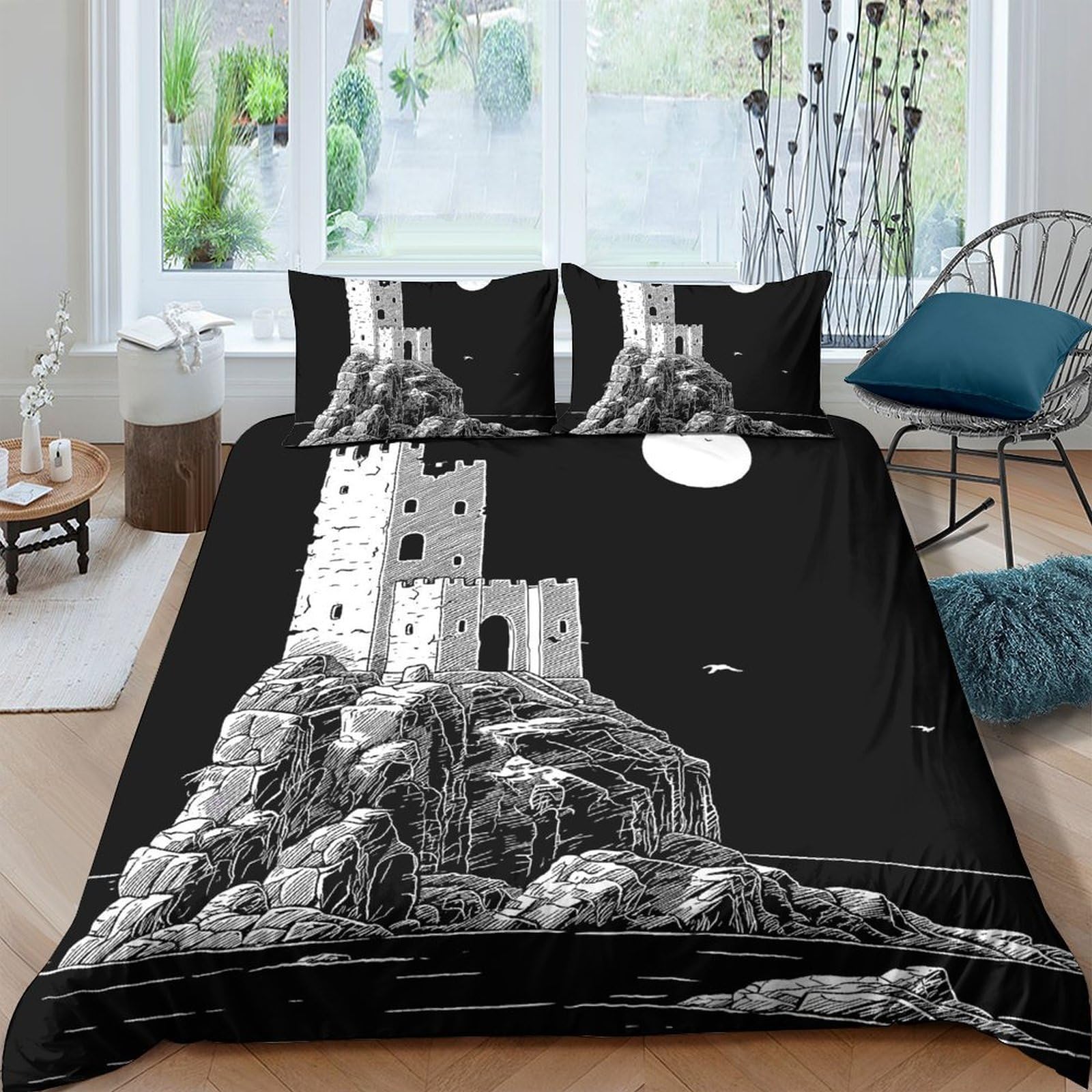 Ctjqhvkz Style-10 3D Printed Gothic Castle Fitted Sheet Microfiber Black Moon Night Mattress Cover For Bedroom Guest Room Dorm Decor Single（135X200cm）