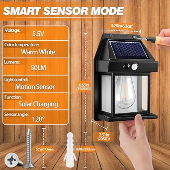 2 Pack Solar Wall Lights Outdoor, Garden Wall Lights Solar Powered Waterproof, with Motion Sensor, Ip65 Solar Security Lights, for Gardens、Fence、Porch、Garage、Patio、Yard, Warm White