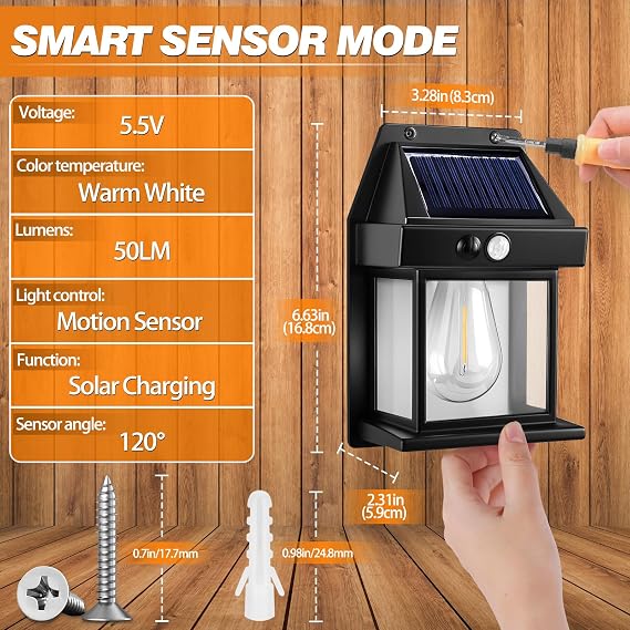 2 Pack Solar Wall Lights Outdoor, Garden Wall Lights Solar Powered Waterproof, with Motion Sensor, Ip65 Solar Security Lights, for Gardens、Fence、Porch、Garage、Patio、Yard, Warm White