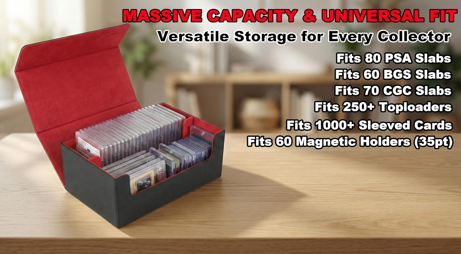 Graded Card Storage Box, Large Trading Card Storage Box for PSA BGS CGC, Double Row PU Leather Card Case Holds 80 Slabs, Fits 35pt Magnetic Holders & Toploaders for Sports Cards