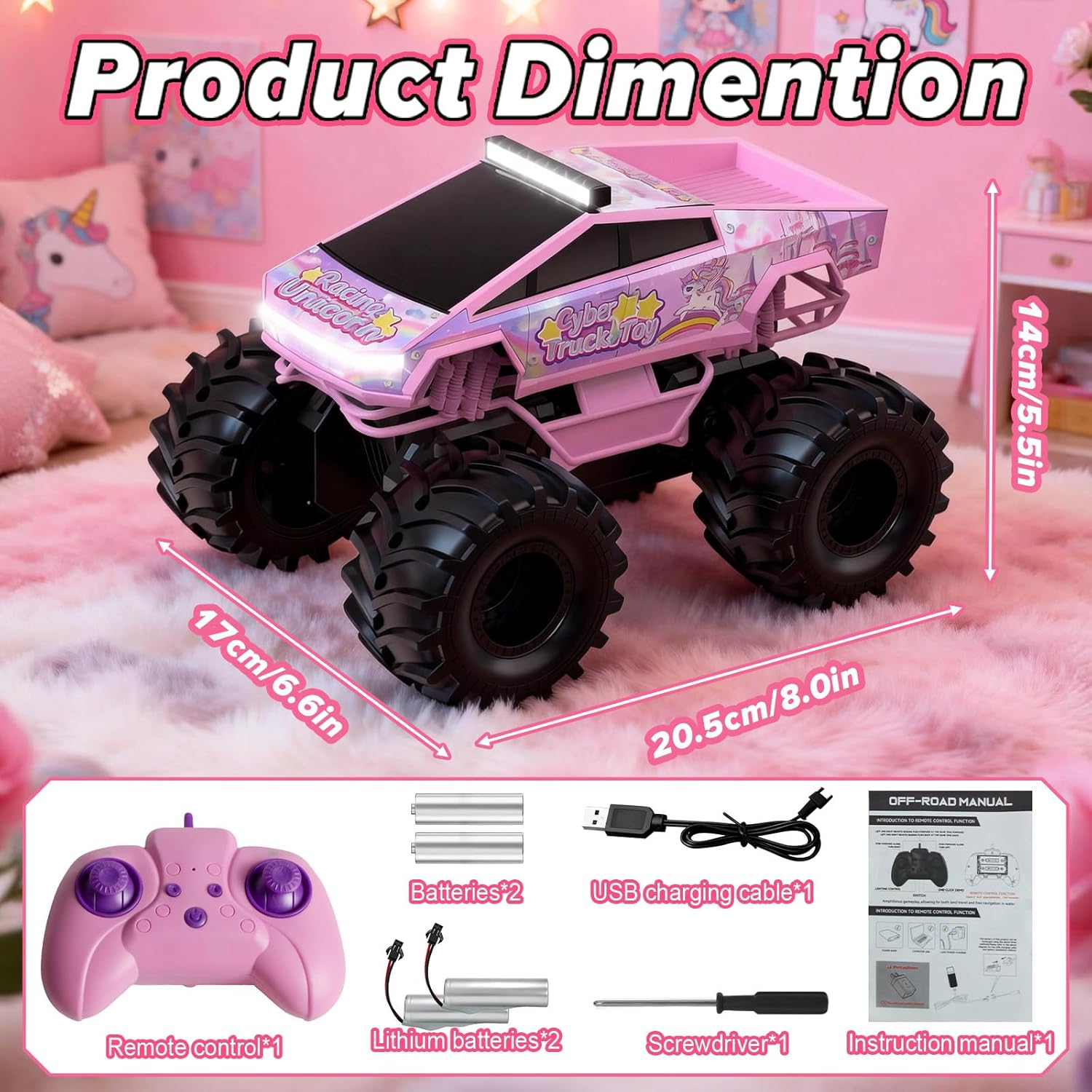 Cokzer Unicorn Cyber Truck Remote Control Car, 1:18 Girl Remote Control Car, 2.4 GHz Waterproof Amphibious RC Cars, 4WD All Terrain Off-Road Pickup for Girls Christmas Birthday Gifts Ages 6+ (Pink)