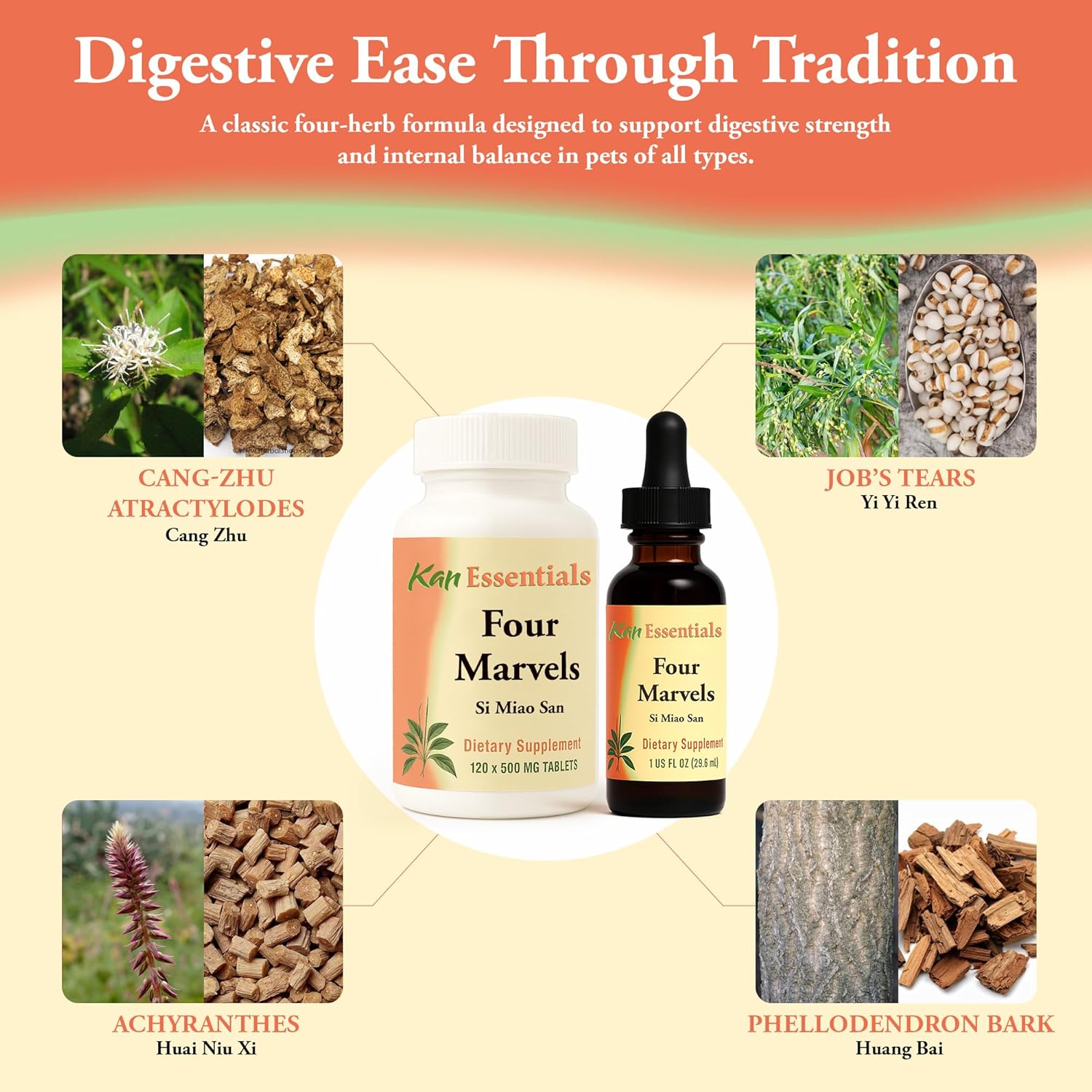 Kan Herb Company Four Marvels – Traditional Chinese Herbal Blend for Dogs and Cats to Support Digestive Clarity, Fluid Balance, and Overall Wellness, Herbal Supplement Tablets for Pets, 120 Tablets