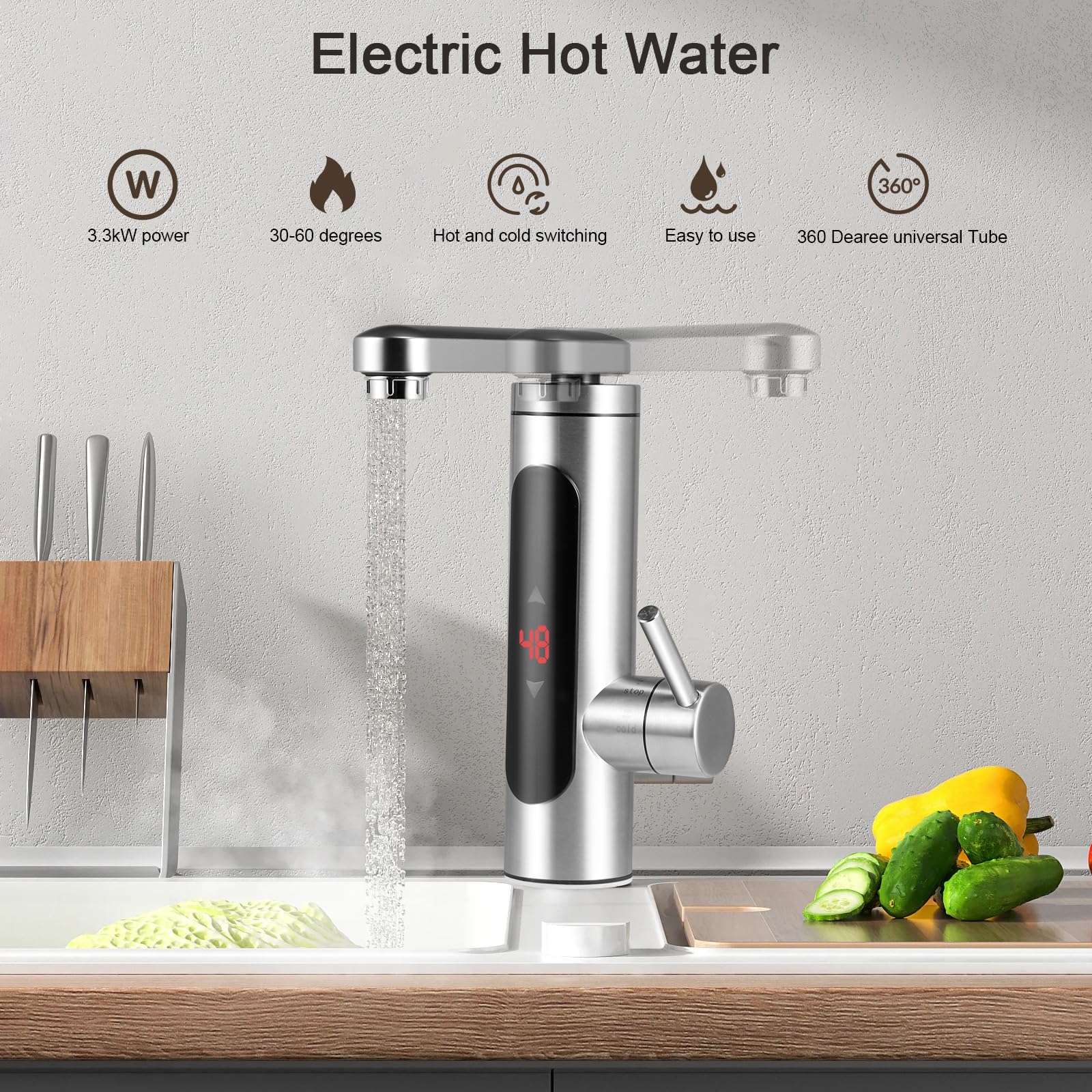Rubinetto Elettrico Caldo Istantaneo 3300 W, Scaldacqua Elettrico Con Display Temperatura LED, Rubinetto da Cucina Rotante a 360 ° in Acciaio Inox