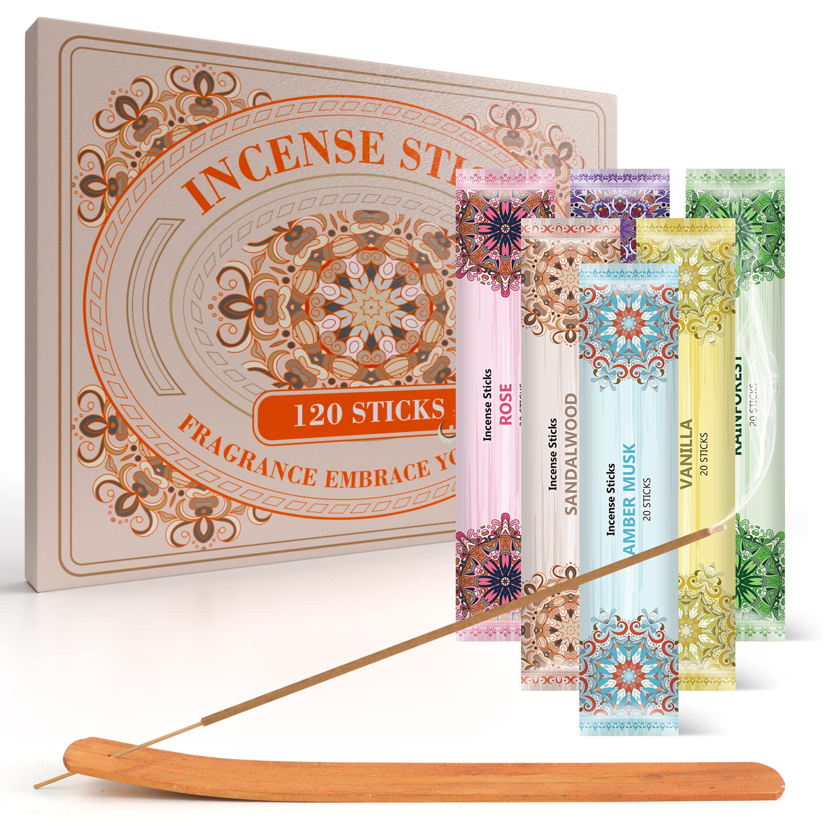 DERDUFT Incense Sticks Gift Set, 120 Sticks with Holder, 6 Scents (Lavender, Rose, Sandalwood, Amber), Long Lasting Aromatherapy Incense for Meditation, Yoga, Relaxation & Home Fragrance