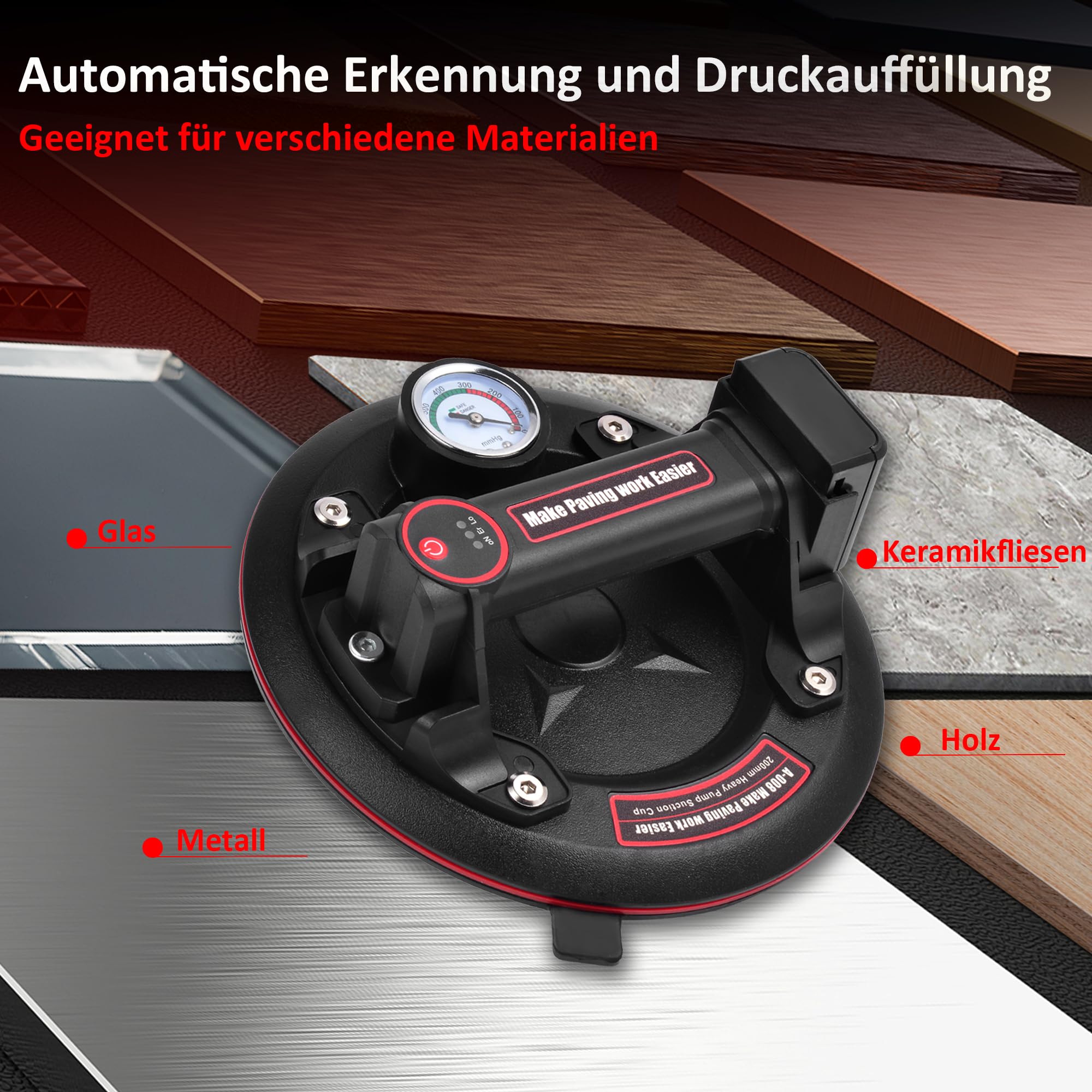2 Stück 8'' Elektrisch Saugheber Mit Manometer Max. 200KG Akku x 4 Vakuum Glassauger Fliesenheber Glasheber Plattenheber für Transport von Aquarium,Fliesen,Glas,Marmor