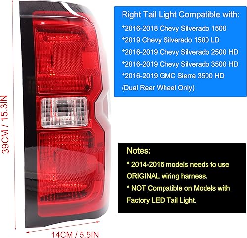 Miniatura 2 de MOCW Luz trasera estilo fábrica compatible con Chevrolet Silverado 1500 2500 HD 3500HD, GMC Sierra 3500 HD 2016-2018, bombillas de freno y arnés