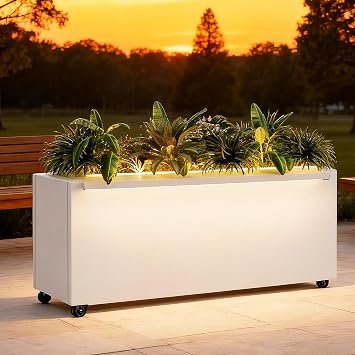 GSK White LED Metal Planter Lighting Flower Box with a Set of 4 Caster Wheels