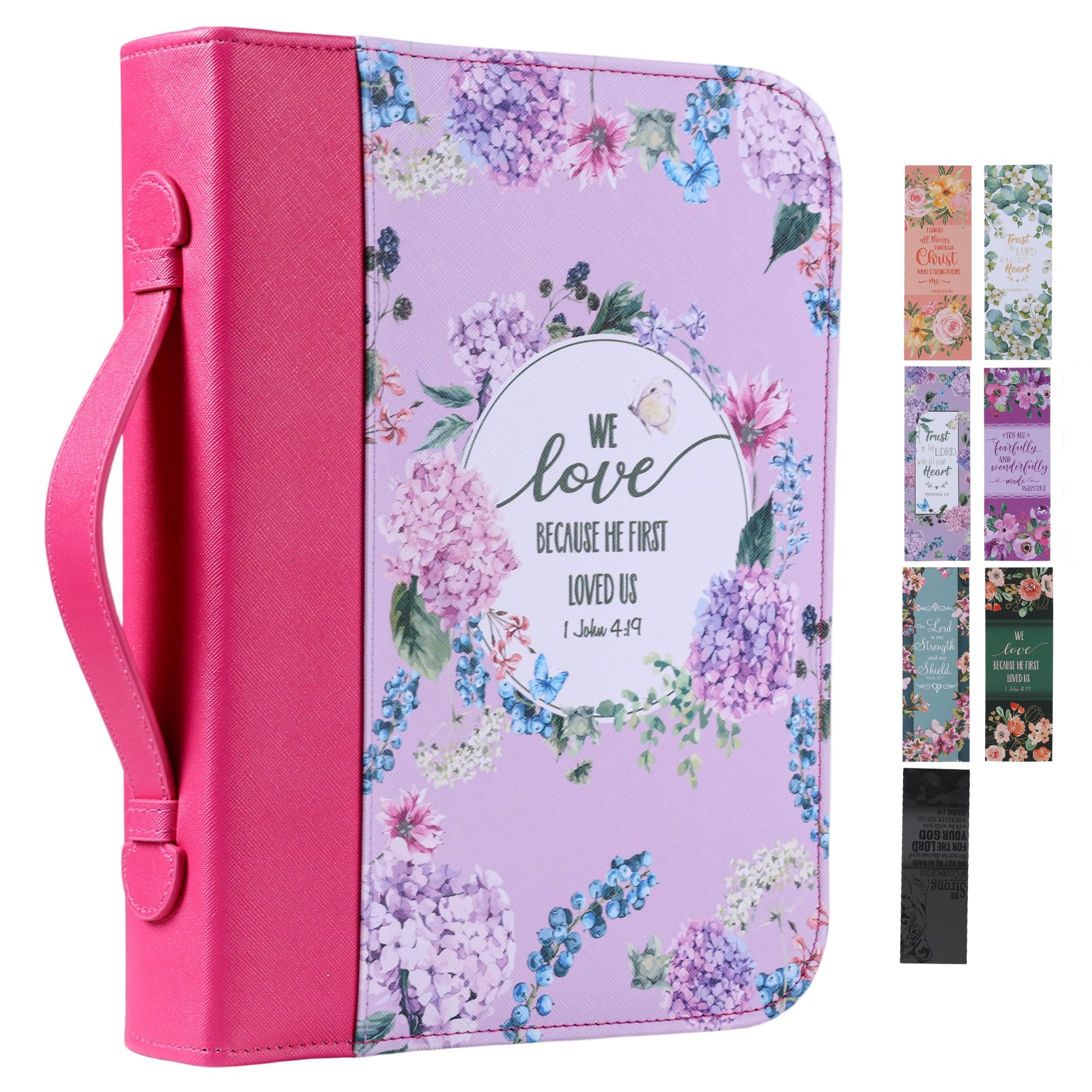 Faithful Hers Bible Cover Case for Women with a Matched Bookmark Floral PU Leather Bible Cover Bag with Pockets and Zipper for Standard and Large Size Study Bible 10.8"x7.8"x2"