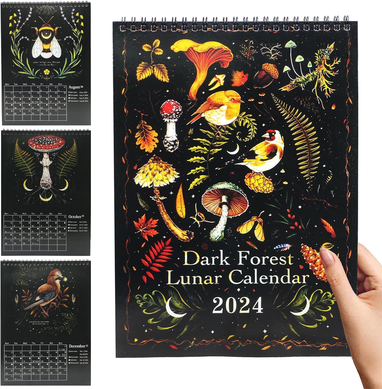 Draduo Calendar Dark Forest 2024, 2024 Lunar Calendar Colorful Waterink Wall Calendars, Moon Phase Calendar for Home and Office, Include 12 Original Illustrations,11.4" x 7.8" Calendars House Decor