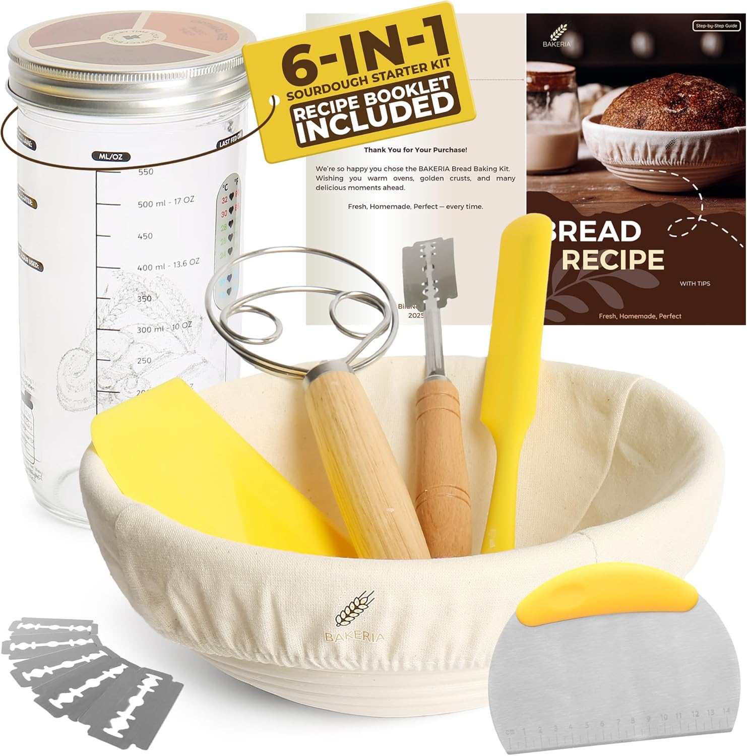 bakeria 9" round banneton bread proofing basket set with starter jar, linen liner, bread lame, dough & bench scraper, bread whisk – complete artisan sourdough baking kit round banneton set with jar