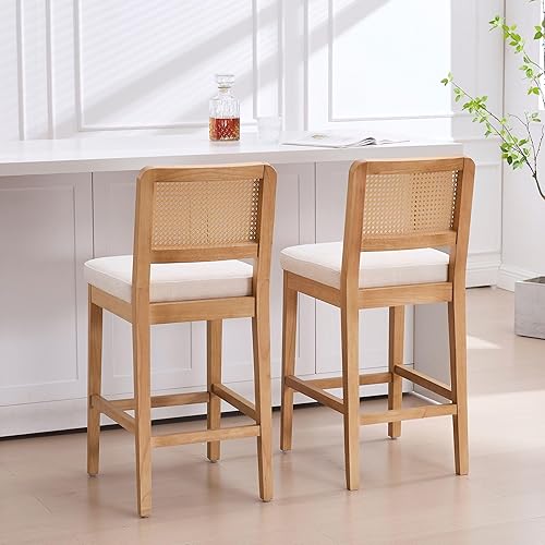 Miniatura 8 de Wahson Juego de 2 taburetes de bar de altura de mostrador, taburete de bar de ratán de granja con respaldo, taburetes de bar tapizados de madera de