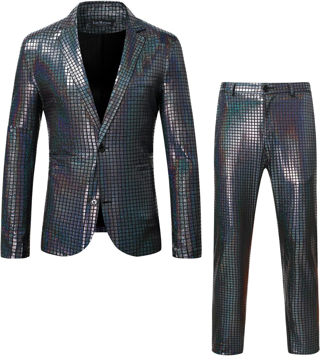 LucMattonMen's 2 Piece Disco Sets Shiny Jacket and Pants Metallic Sequin Suits, Black, XL