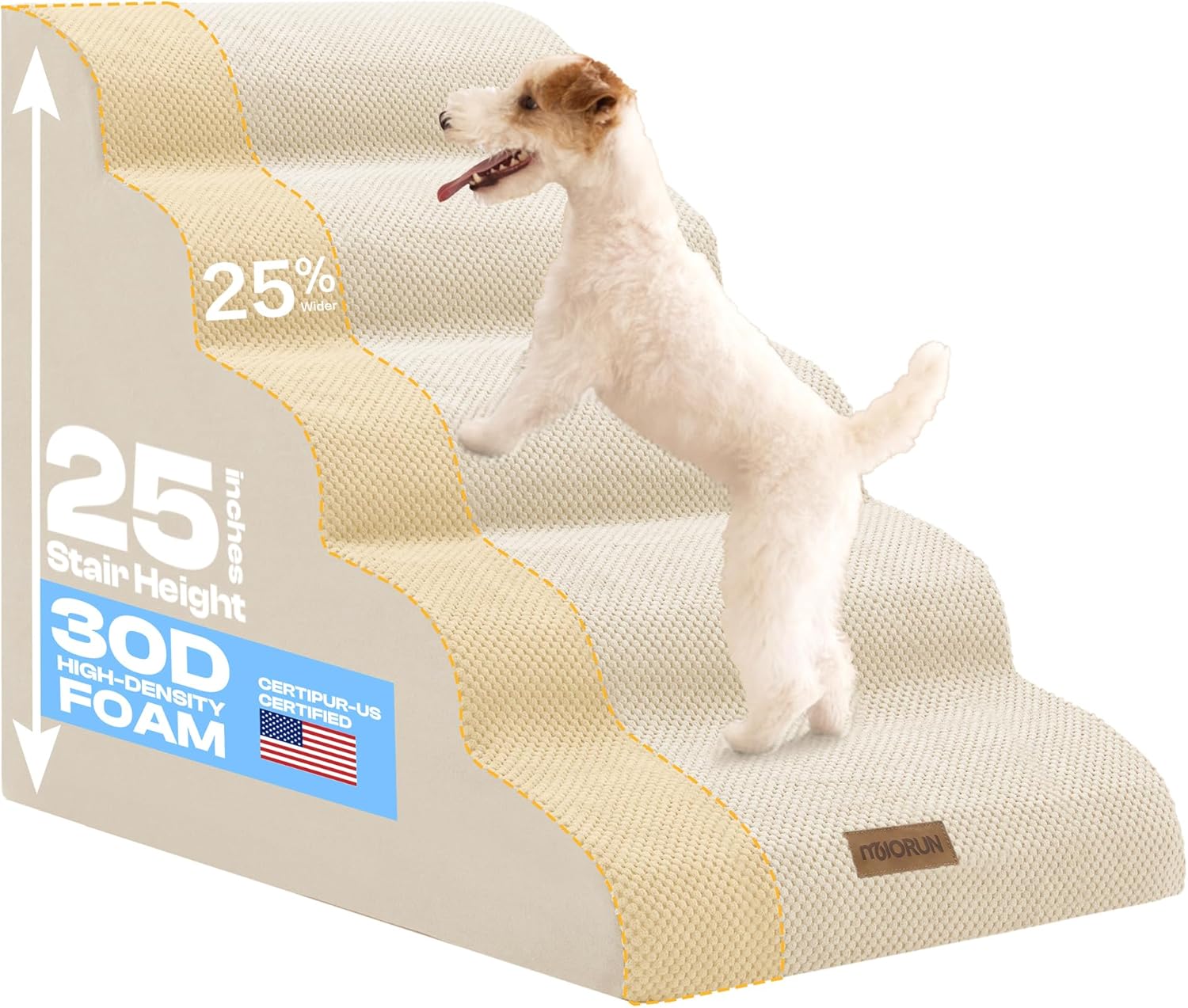 Extra Wide Dog Stairs for Large Dogs Up to 80lbs, 25″ Pet Steps for High Bed with Washable Cover, 5-Step Foam Bed & Couch Ladder for Small Medium Dogs & Senior Cat, Beige