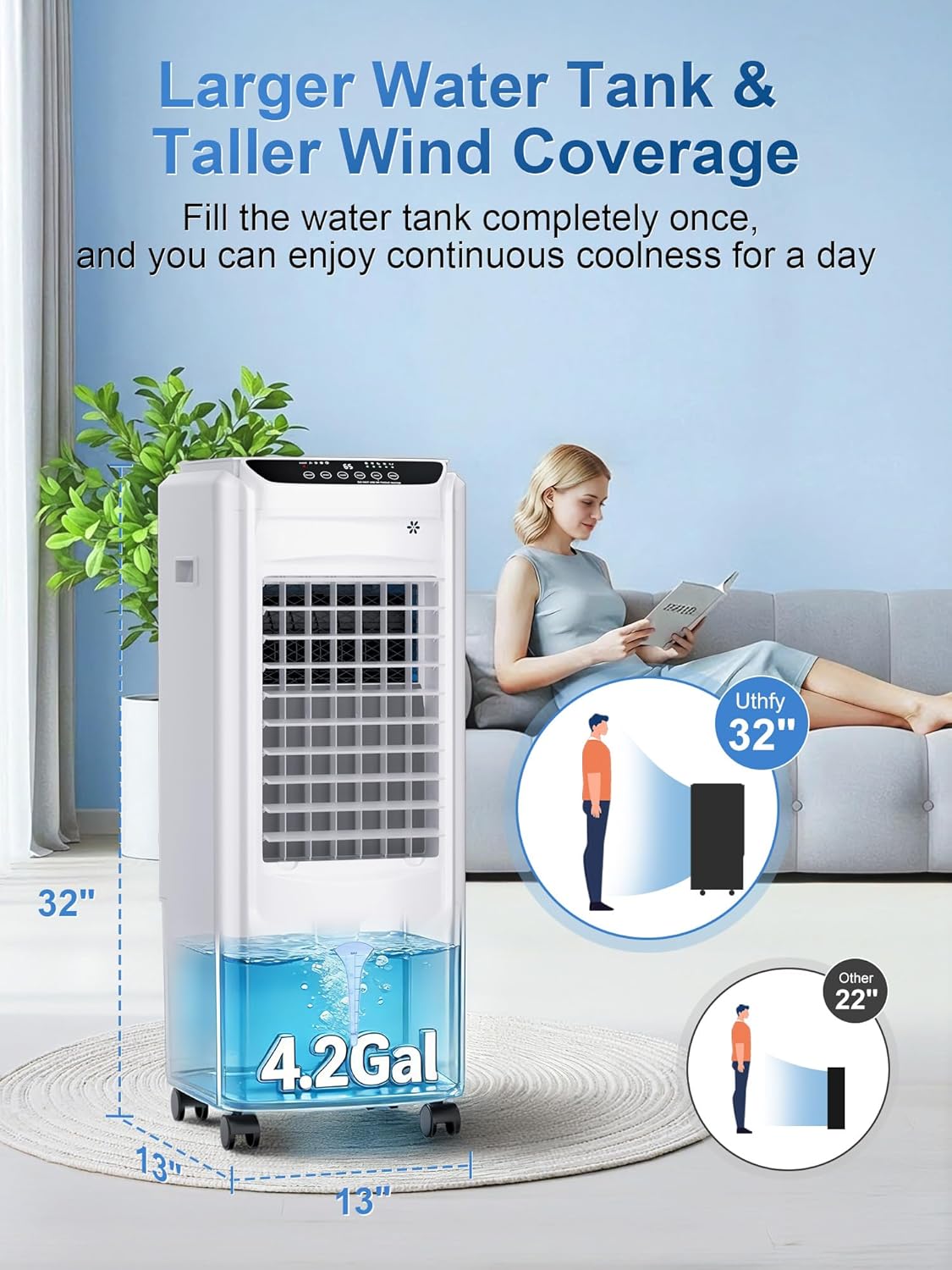 Uthfy Evaporative Air Cooler showing its large water tank and dimensions