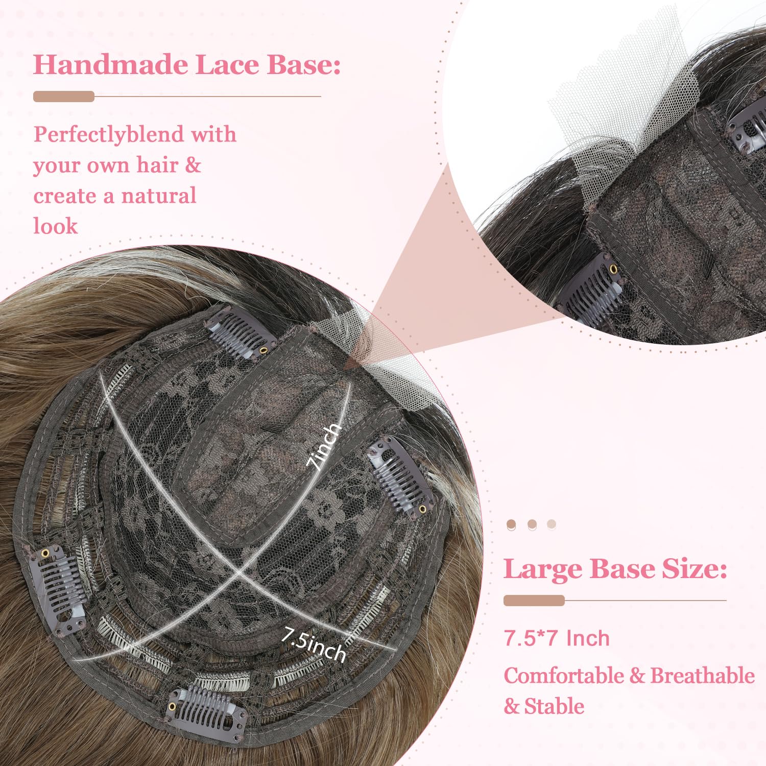 Lasunork Hair Toppers for Women Wavy Curly Hair Topper Hand-Tied Lace Clip in Fringe (Ombre Brown with Blonde Highlights) - Image 3
