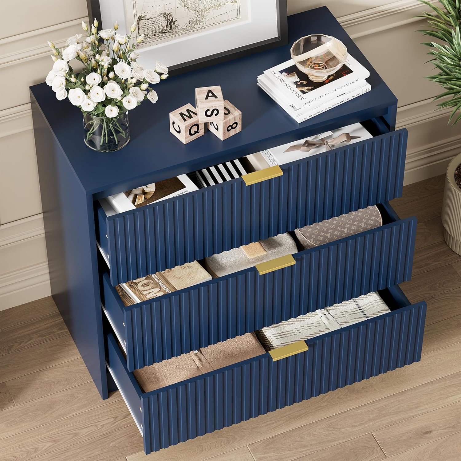 Blue Dresser Bedroom Set 3 Pieces, Nightstands Sets of 2, 9 Drawer Dresser with Gold Handles for Bedroom