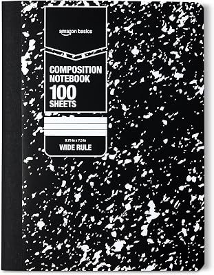 Amazon Basics Composition Notebook, Wide Ruled, 100 Sheets, 1 pack, Marble Black, 9.75" x 7.5" for School, Home, and Office Use
