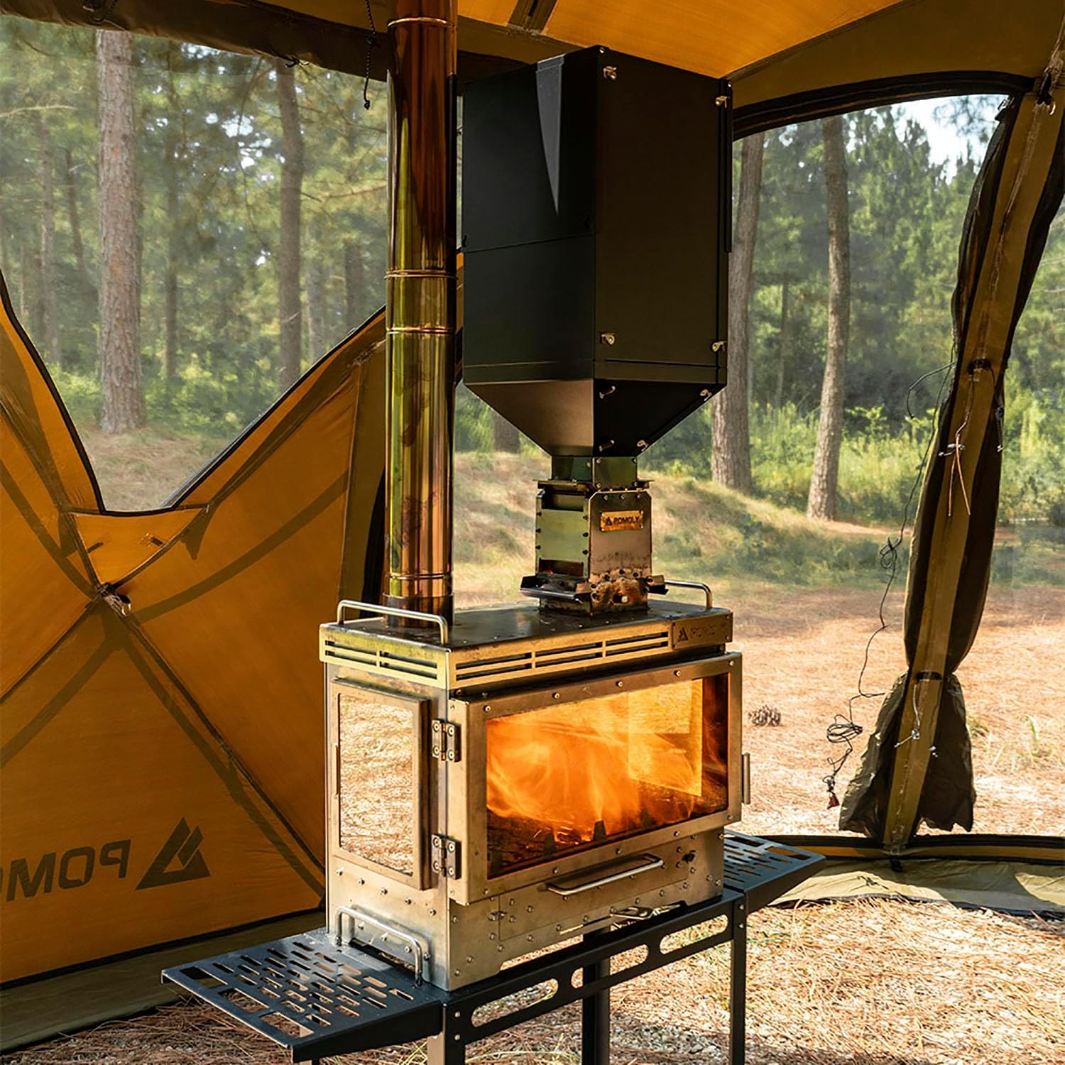 POMOLY Camping Tent Stove and Pellet Bin with Burner, Dweller Ultra 3 Stainless Steel Wood Stove with Stove Frame Base