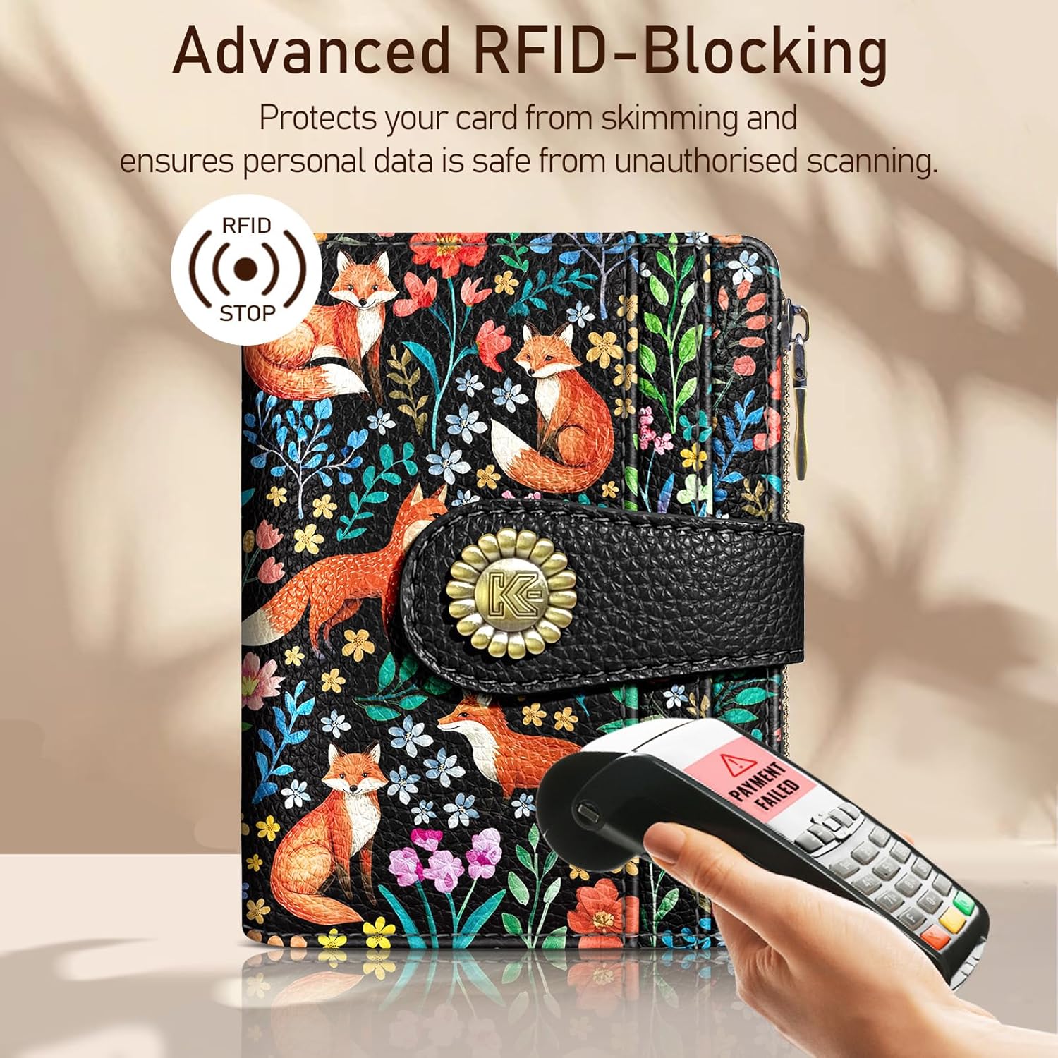 Cute Floral Fox Flowers Boho Small Rfid Women Wallet Bifold Zipper Coin Pocket PU Leather Compact Cash Credit Card Holder Travel Wallet for Female Ladies Teen Girls 1 ID Window 10 Card Slots - Image 3