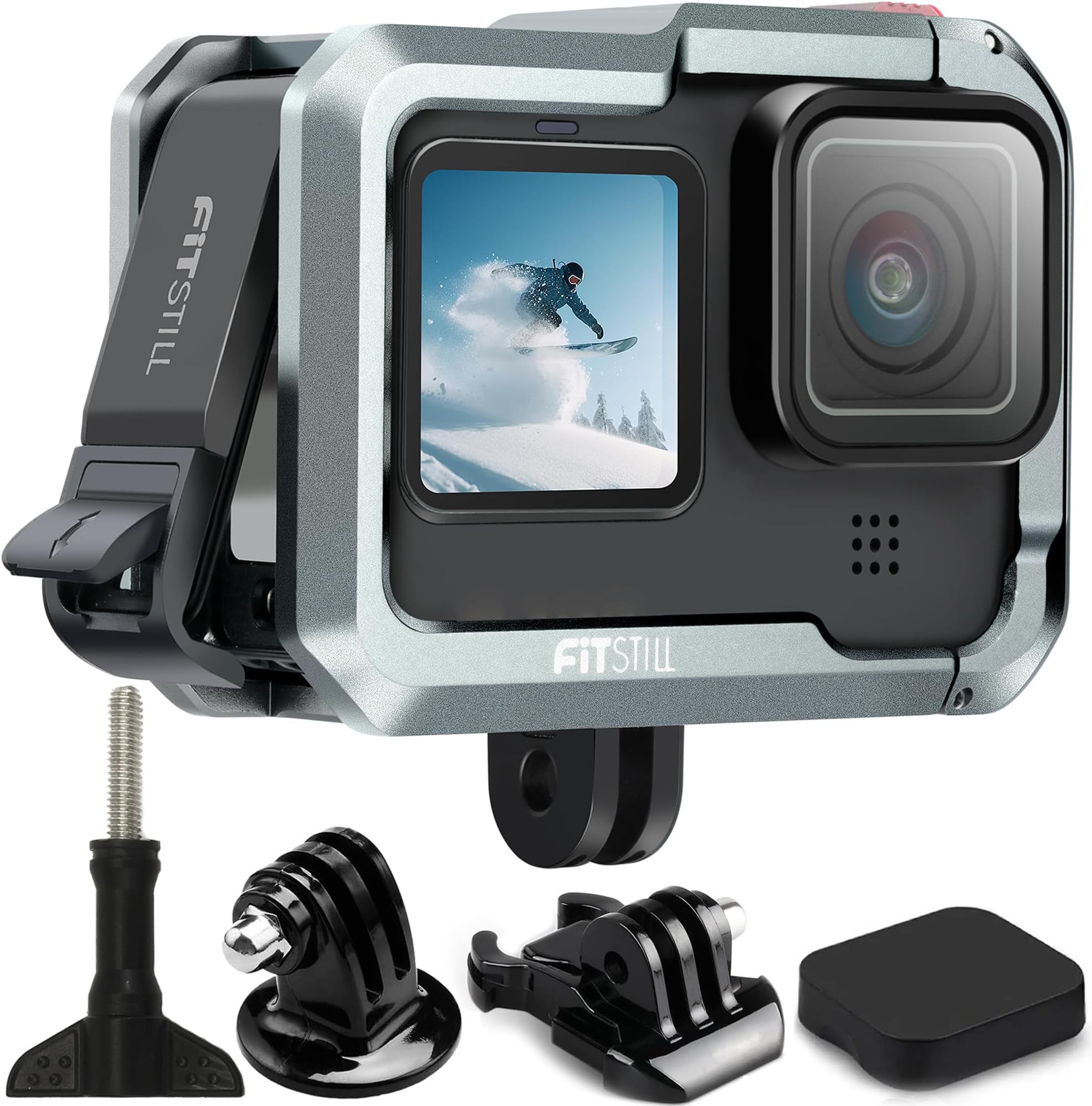 FiTSTILLAluminum Cage Protective Case Frame Housing for Go Pro Hero 12 Hero 11 Hero 10 Hero 9 Black,with Camera Replace Side Door&Lens Protector Double Cold Shoe Connect to Video Light Microphone