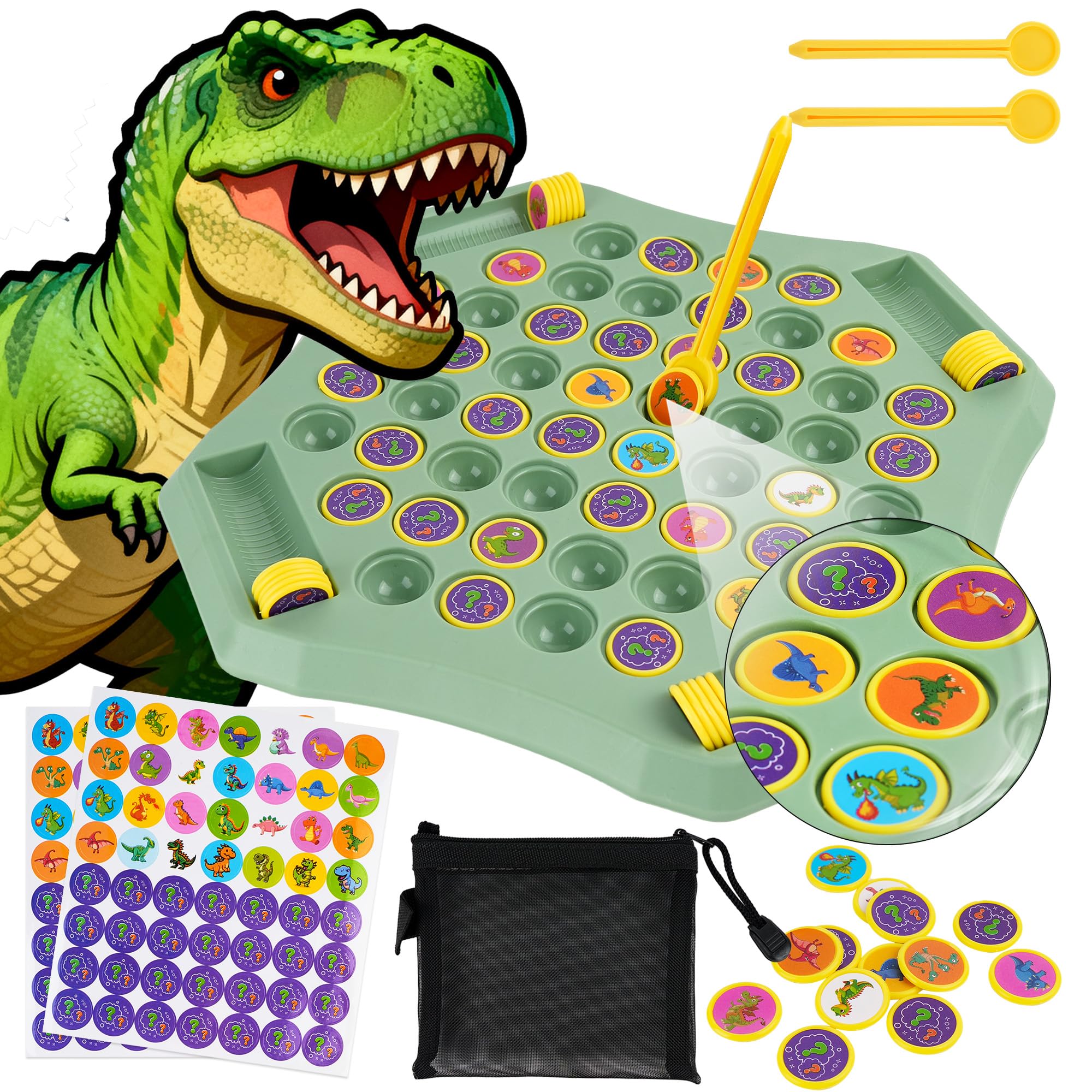 TINYLENS Memory Matching Game, 52-Slot Flip Chess Board with Extra Pieces, Educational Match Game for Kids & Toddlers, Travel-Friendly, 2–4 Players (Dinosaur)
