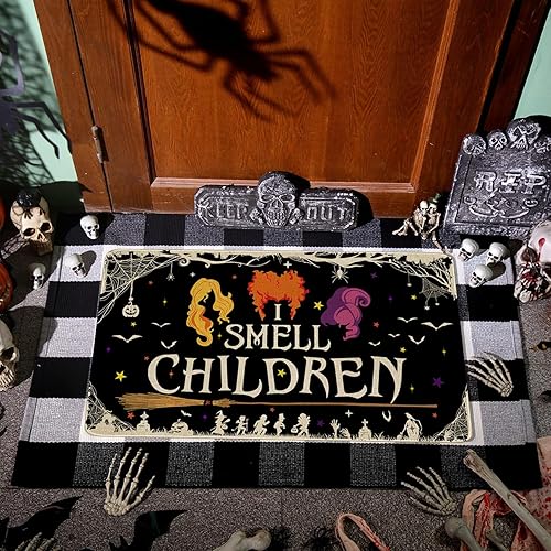 Miniatura 5 de Tapete para puerta de bruja de Halloween, con texto en inglés "I Smell Children", tapete de bienvenida al aire libre, tapete de Halloween, tapete de