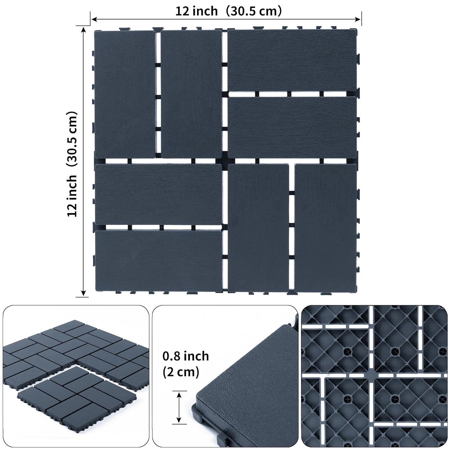 Plastic Interlocking Deck Tiles (44 PCS), 12x12 Inches Waterproof Outdoor Patio Flooring, Easy Snap Balcony Floor Tiles for Garden, Poolside, Backyard, Pathway, Indoor Use, Dark Grey, Grid Pattern