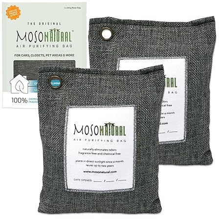 Moso Natural Air Purifying Bag 200g (2 Pack). A Scent Free Odor Eliminator for Cars, Closets, Bathrooms, Pet Areas. Premium Moso Bamboo Charcoal Odor Absorber. (Charcoal Grey)