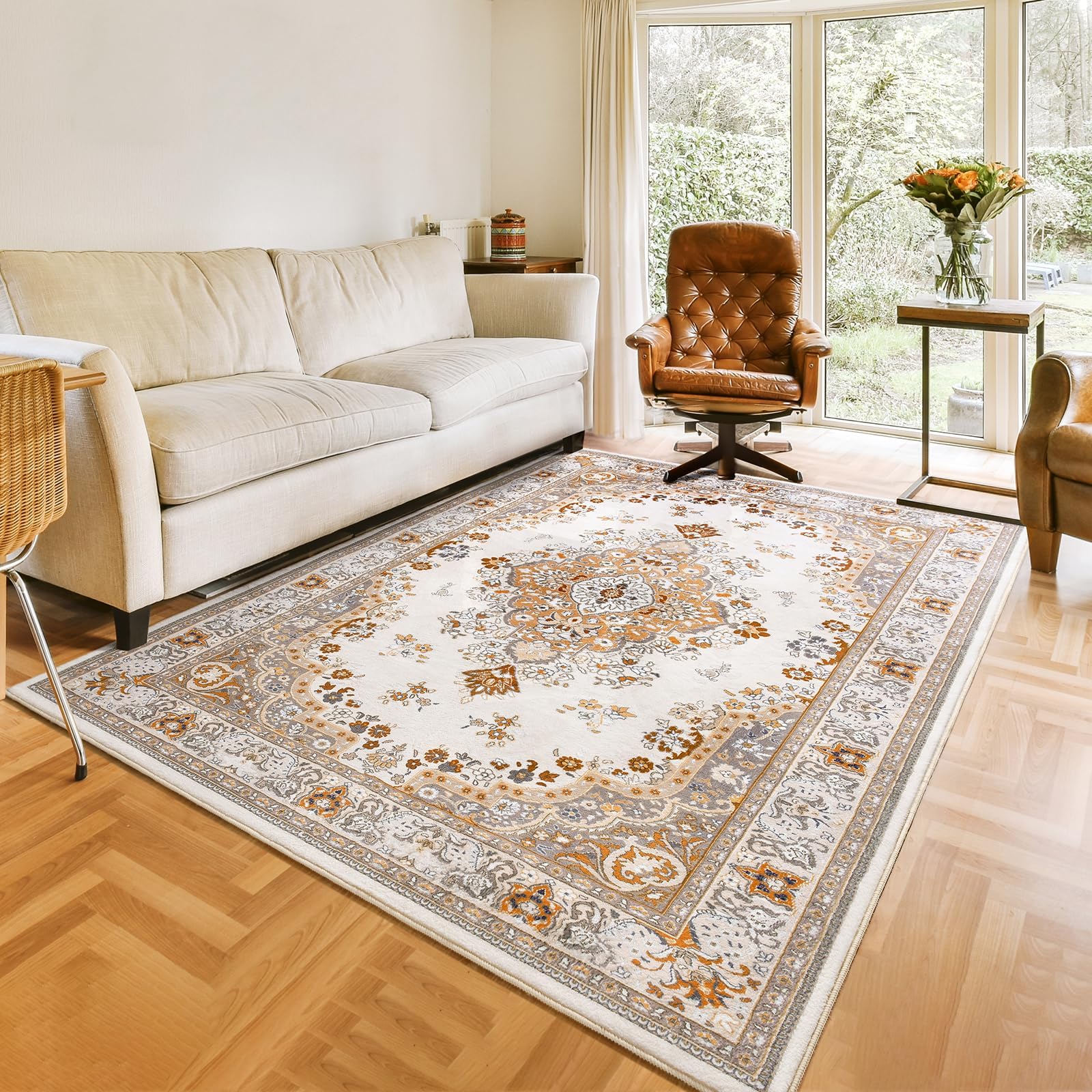 HOMORE4x6 Washable Rug Beige Washable Rug for Bedroom, Non Slip Rugs for Living Room, Faux Wool Throw Carpet for Kitchen Vintage Floral Rugs for Entryway Dinning Room OfficeOEKO-TEX STANDARD 100
