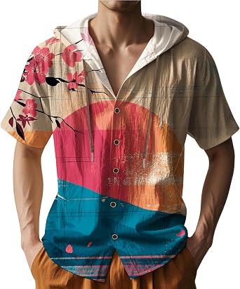 Mens Retro Floral Hooded Shirt Short Sleeve Casual Summer Beach Button Down Shirt Lightweight Drawstring Hoodie