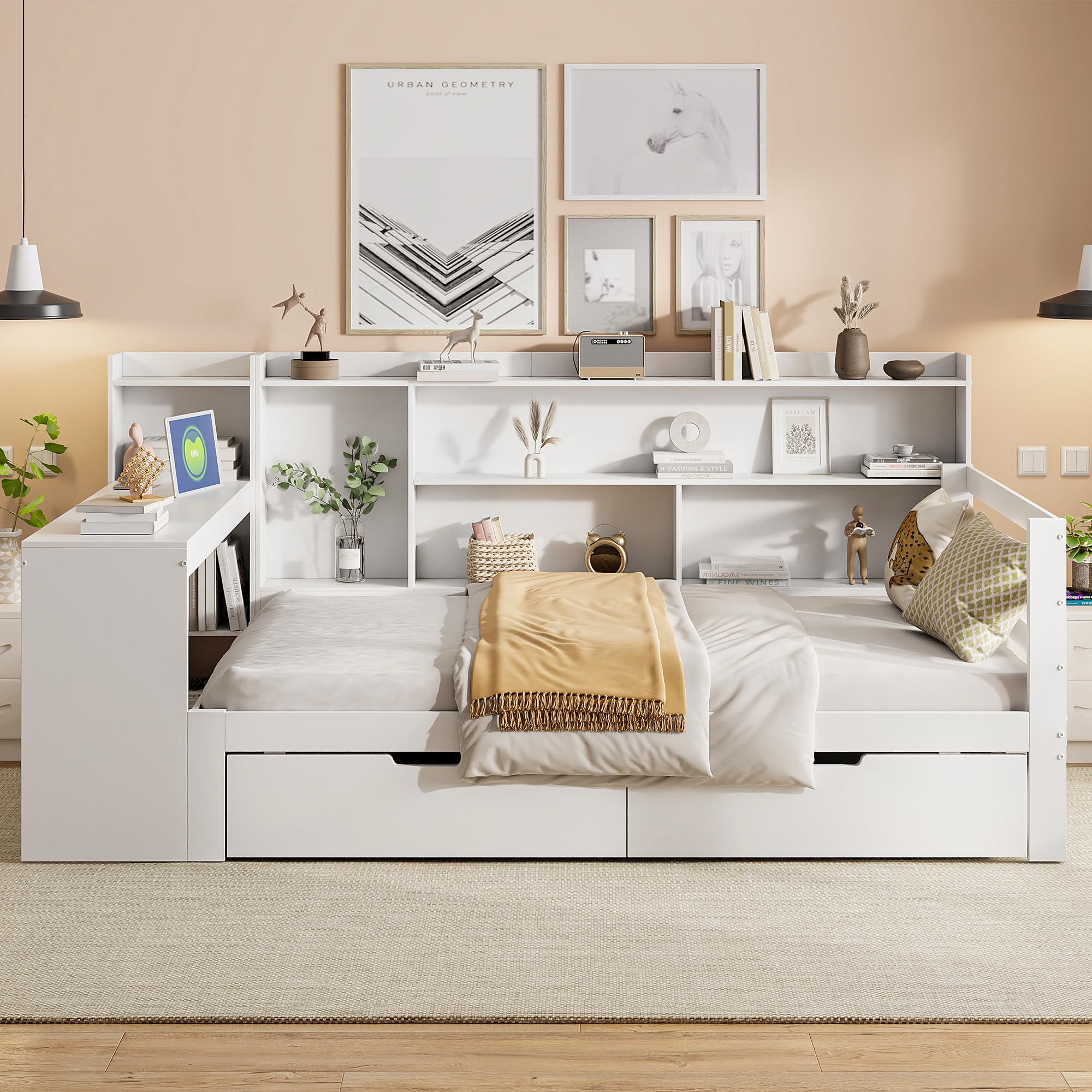 Dolamaní Letto da giorno, 90 x 200 cm, con scrivania, scaffali, ripiani e 2 grandi cassetti, letto funzionale (bianco)