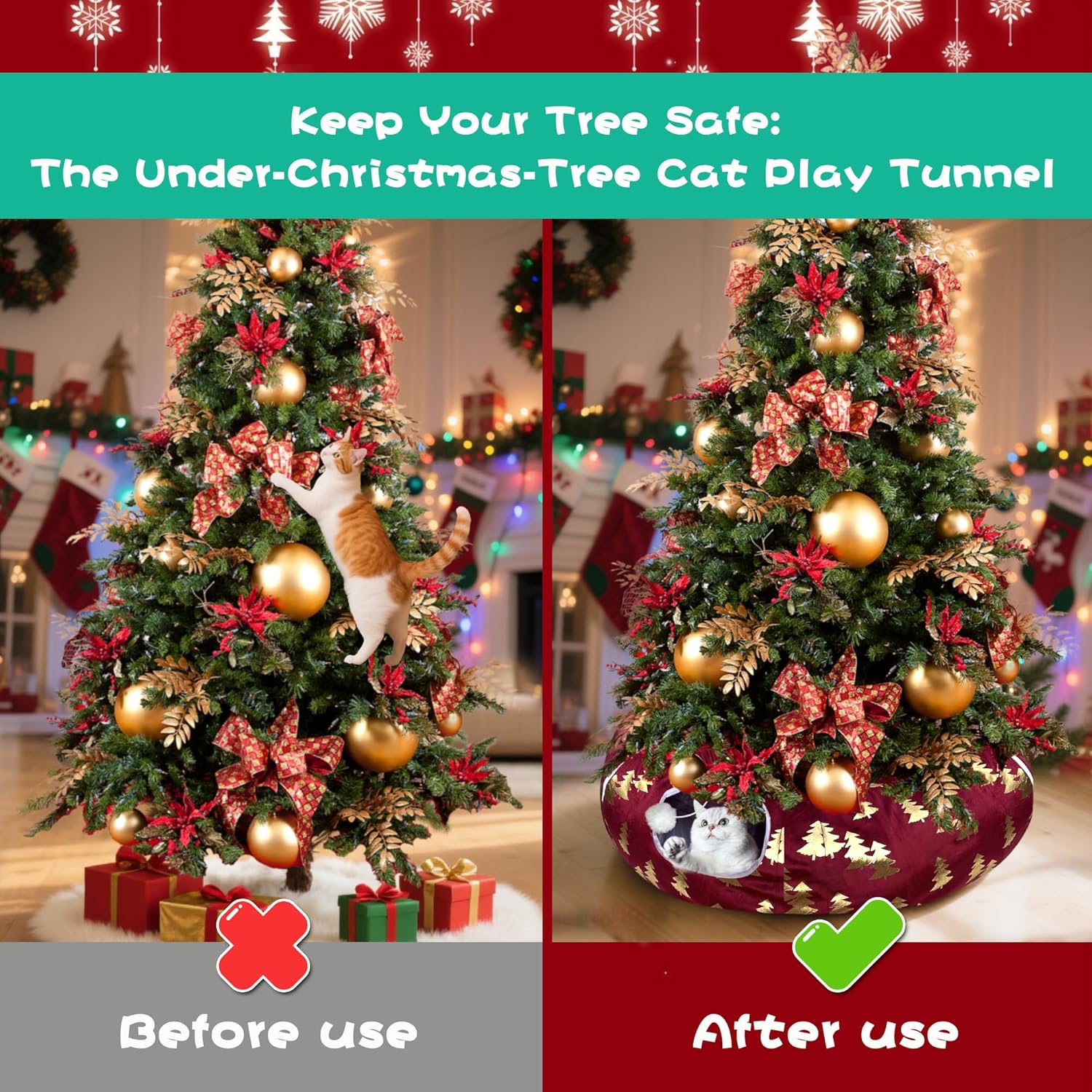 LUCKITTY Plush Christmas Tree Pattern Cat Tunnel Bed Under Christmas Tree with Premium Gold Foil & Hanging Plush Ball, 10-Inch Diameter 3-Ft Wide Round - Divert Cats from Decor Red Color