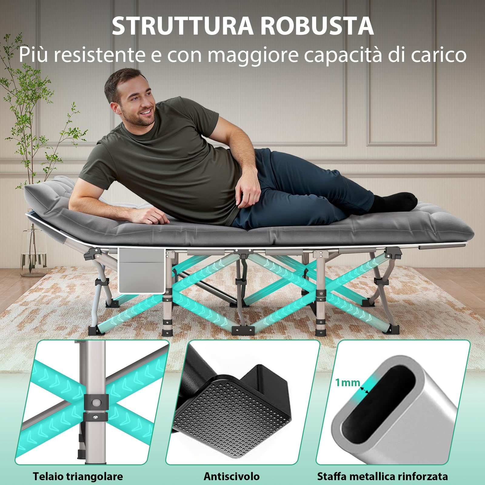 Lettino da Campeggio Pieghevole, Letto per Ospiti Resistente da 208 kg, brandina pieghevole con materasso per ufficio, viaggio, esterno, pesca, escursionismo, casa, telaio in metallo