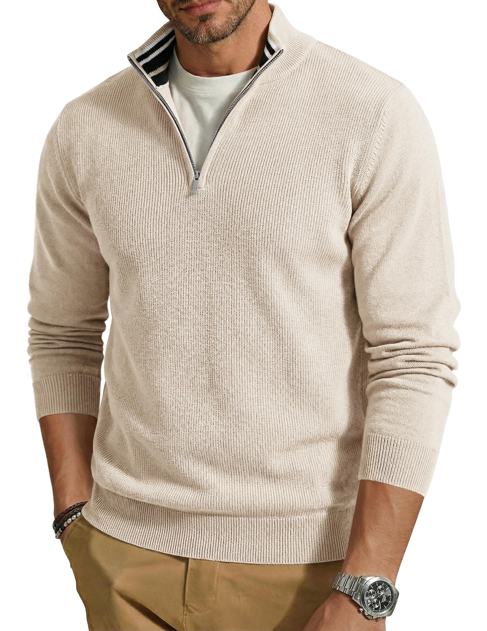 coofandy Quarter Zip Pullover Men Slim Fit Stretchy Ribbed 1/4 Zip Sweaters Business Casual Sweater-picture-20