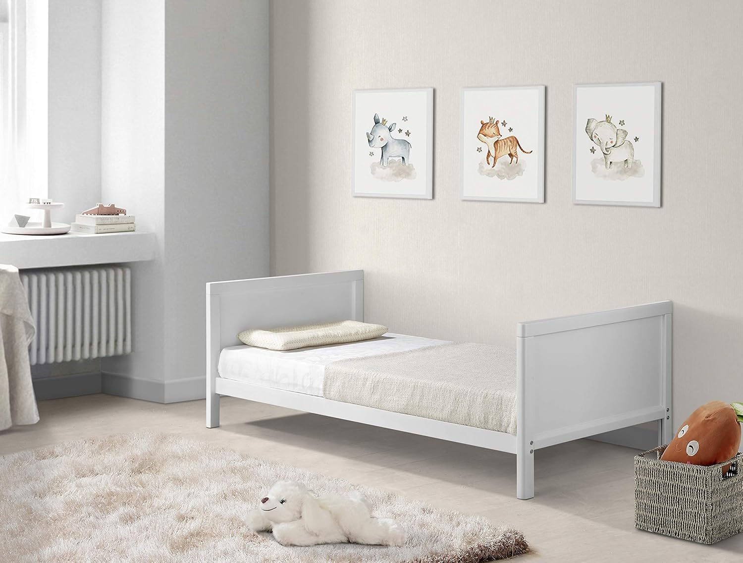 White BABYLO Westland Cot Bed converted into a toddler bed in a nursery setting.