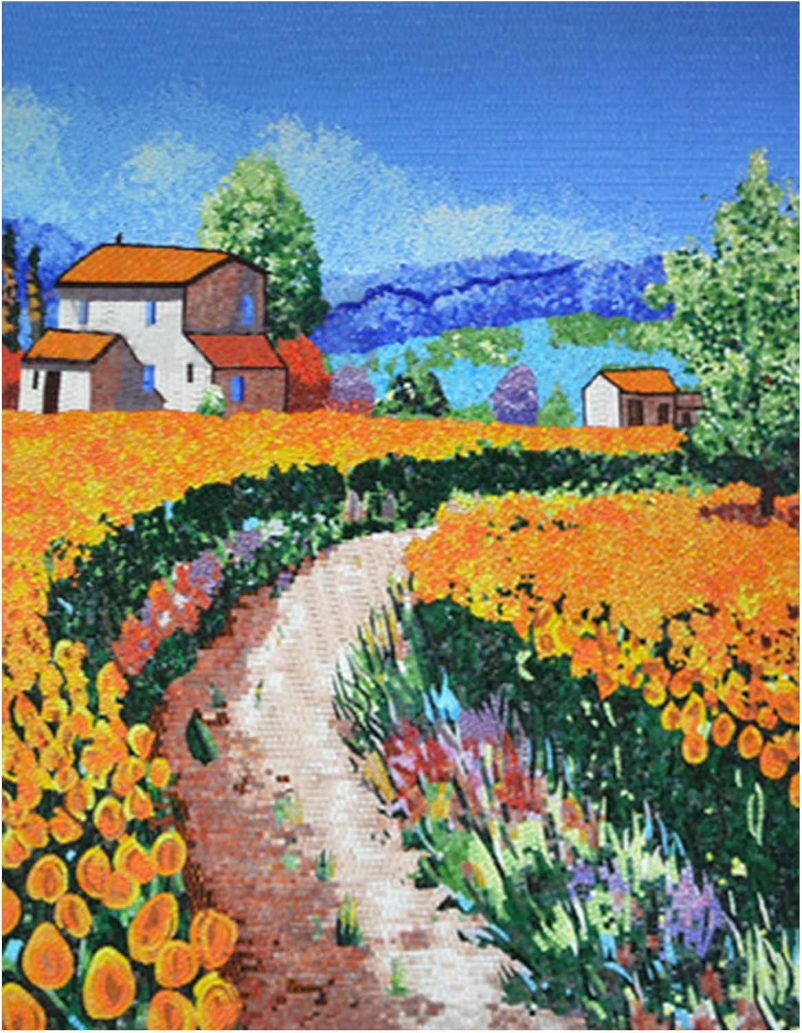 Handmade Tulips in the Countryside Glass Mosaic Wall Art, Floral Landscape Tile Mosaic Mural, Hand-Cut Natural Tile Scenic Wall Décor