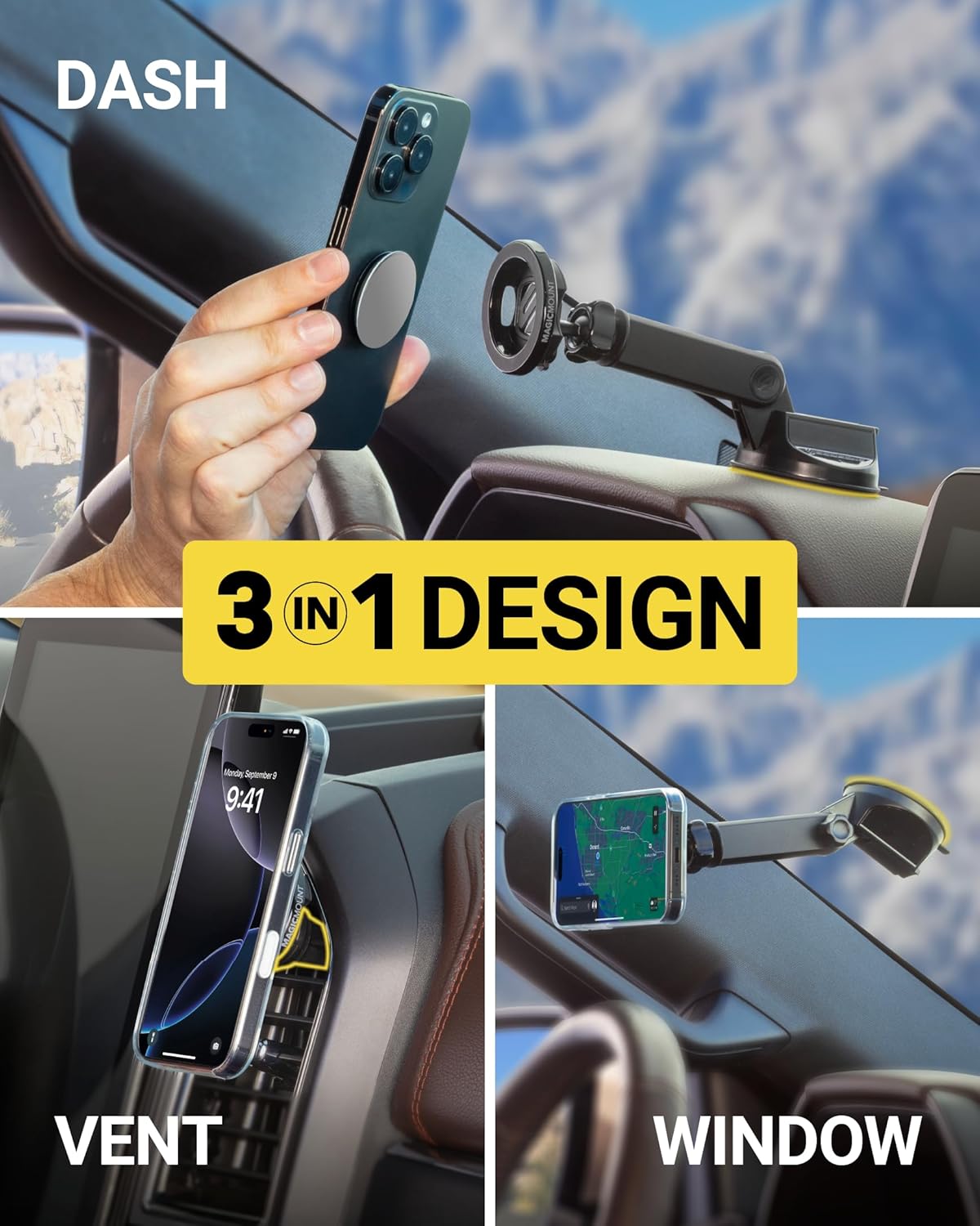 Scosche MagSafe Car Mount, Suction Cup Magnetic Windshield/Dashboard Cell Phone Holder with Vent Clip & Adjustable Flip Arm Compatible with PopSocket, iPhone 17/16/15/14/13/12, Samsung Galaxy, 2-Pack